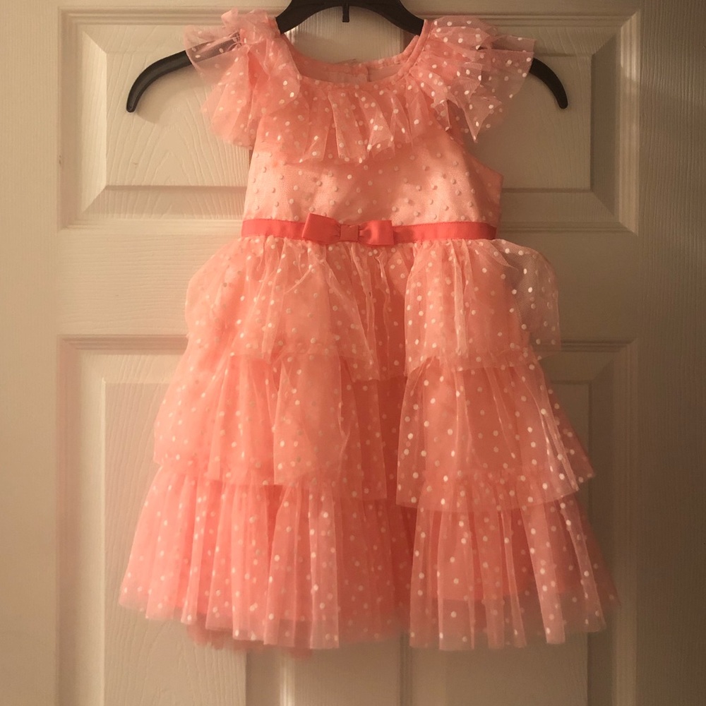 Pink Ruffle girl dress with ribbon and polka dot